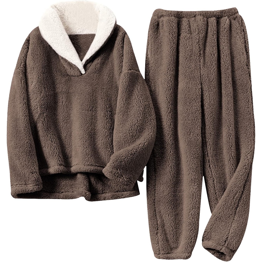 image:imageSpringrain Womens Fluffy Pajamas Set Warm Fleece Pjs SleepwearBrown