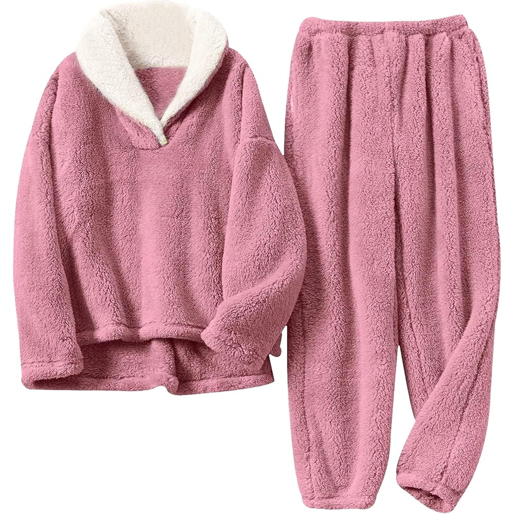 image:imageSpringrain Womens Fluffy Pajamas Set Warm Fleece Pjs SleepwearPink