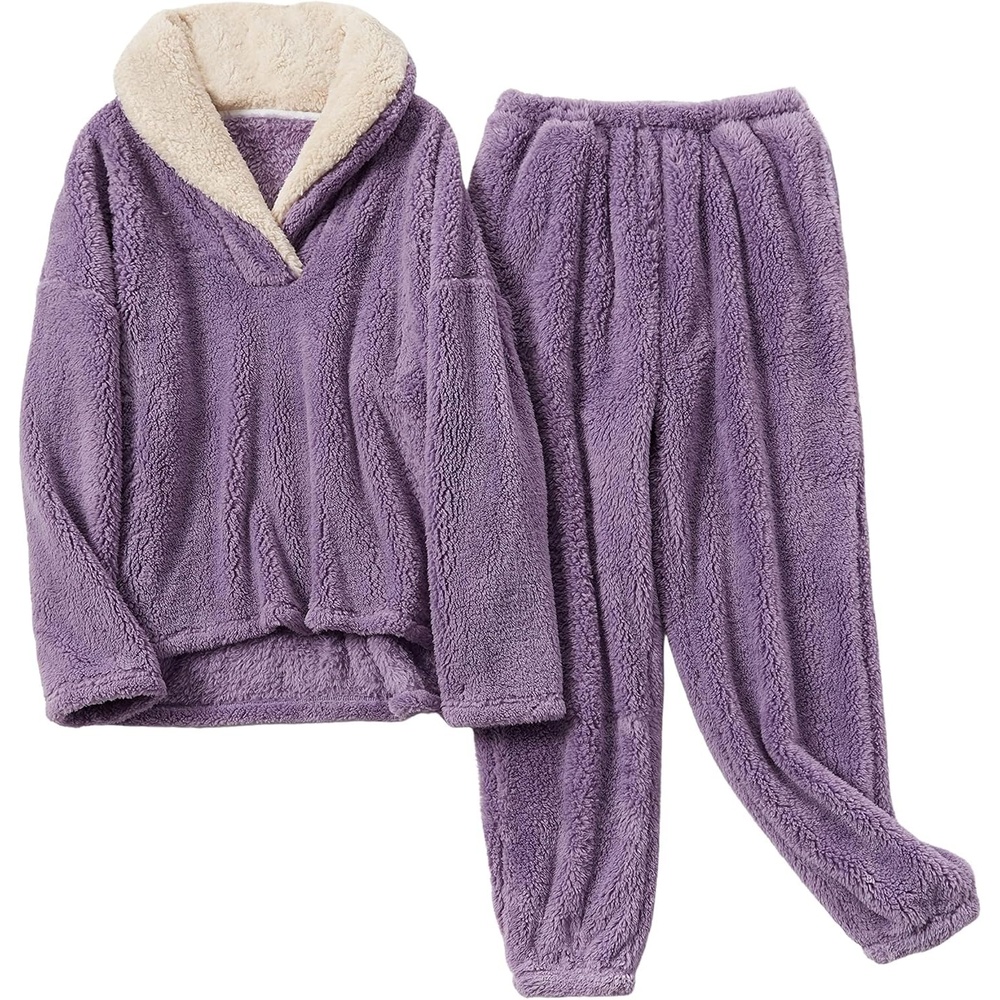 image:imageSpringrain Womens Fluffy Pajamas Set Warm Fleece Pjs SleepwearPurple