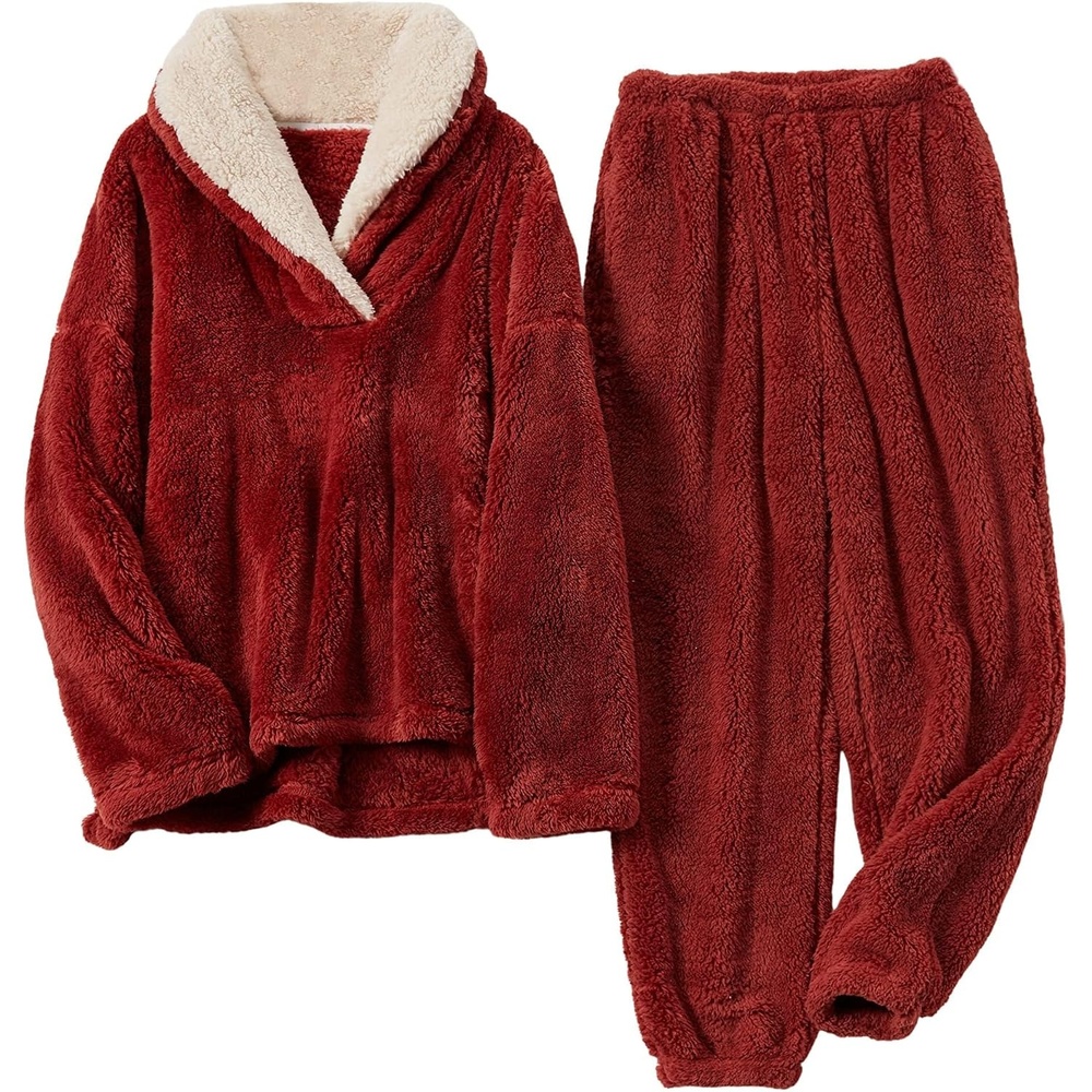 image:imageSpringrain Womens Fluffy Pajamas Set Warm Fleece Pjs SleepwearRed