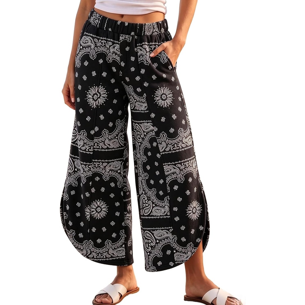 image:imageSpringrain Womens Paisley Print Wide Leg Pants Loose Boho Palazzo TrousersBlack
