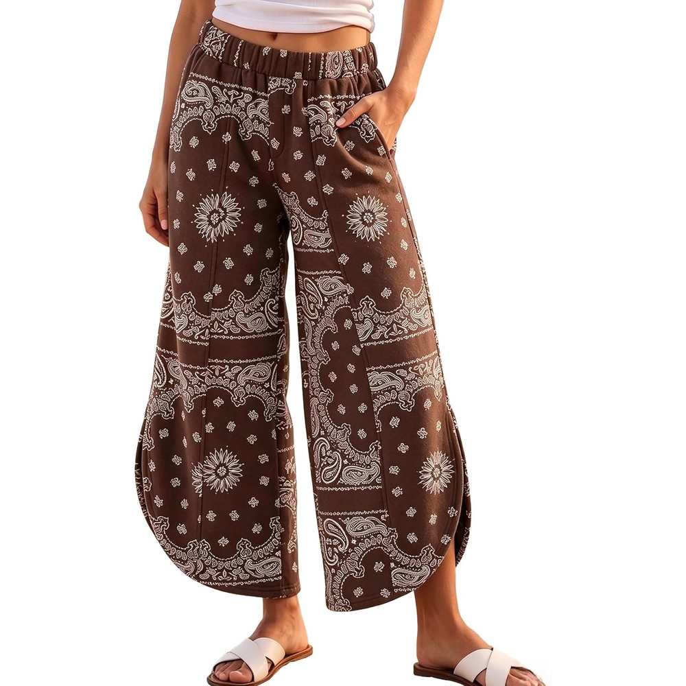 image:imageSpringrain Womens Paisley Print Wide Leg Pants Loose Boho Palazzo TrousersCoffee