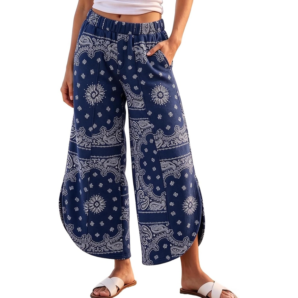 image:imageSpringrain Womens Paisley Print Wide Leg Pants Loose Boho Palazzo TrousersNavy