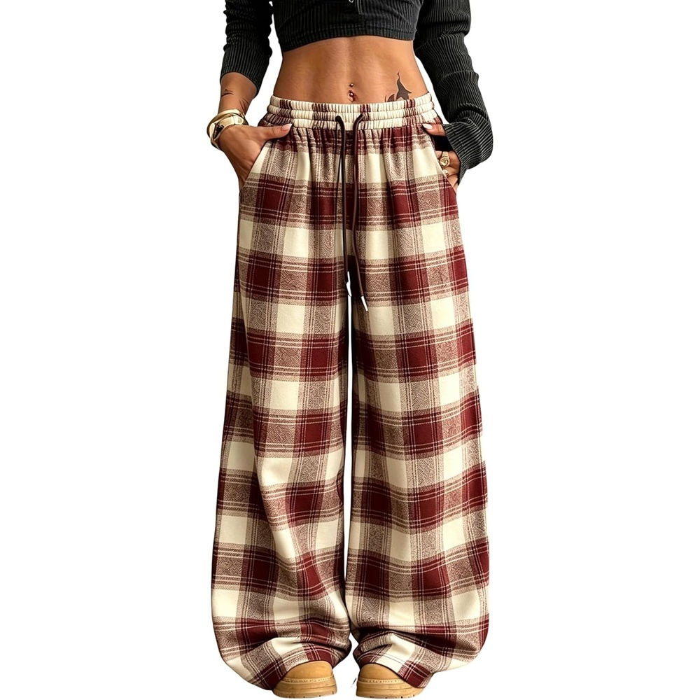 image:imageSpringrain Womens Plaid Wide Leg Pants High Waist Fall Winter TrousersBurgundy
