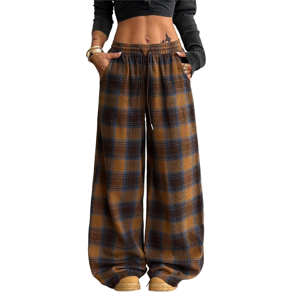 image:imageSpringrain Womens Plaid Wide Leg Pants High Waist Fall Winter TrousersCamel