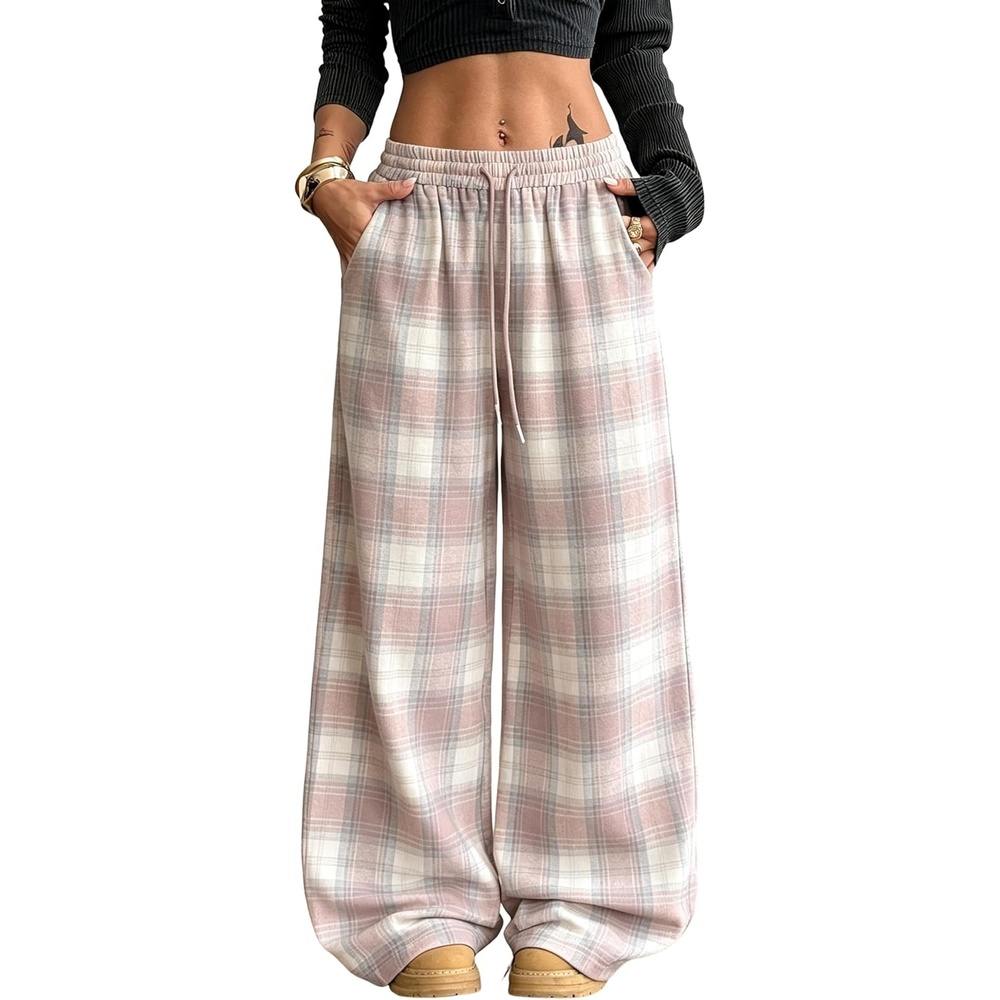 image:imageSpringrain Womens Plaid Wide Leg Pants High Waist Fall Winter TrousersDustypink