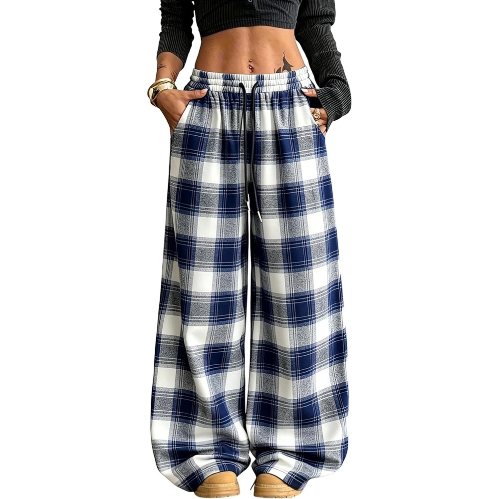 image:imageSpringrain Womens Plaid Wide Leg Pants High Waist Fall Winter TrousersNavy