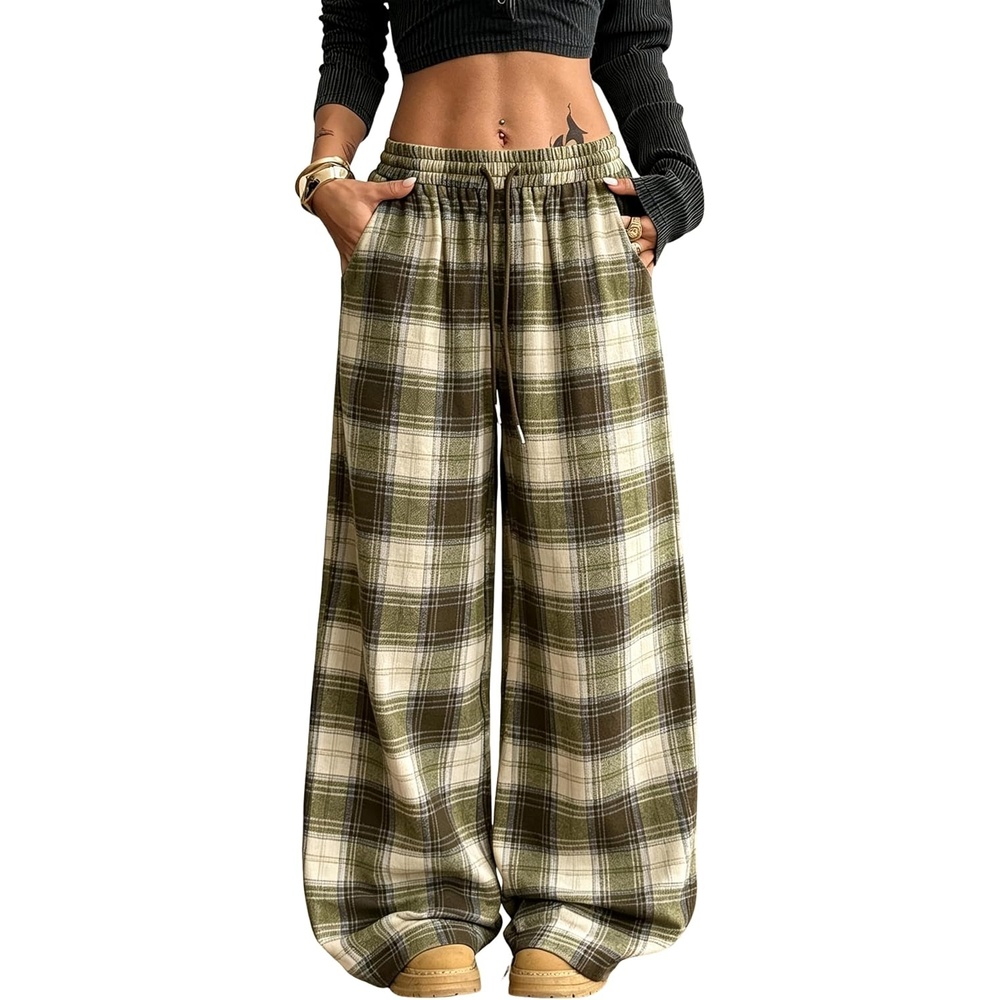 image:imageSpringrain Womens Plaid Wide Leg Pants High Waist Fall Winter TrousersOlive