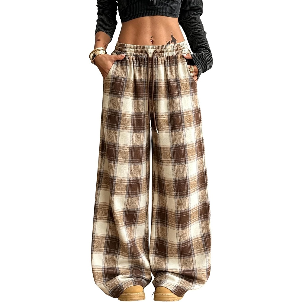image:imageSpringrain Womens Plaid Wide Leg Pants High Waist Fall Winter TrousersTaupe