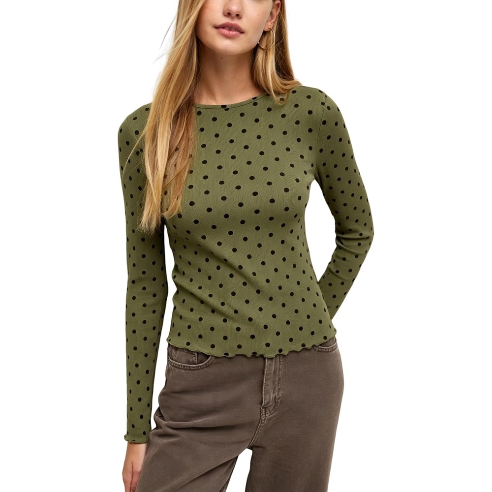 image:imageSpringrain Womens Polka Dot Long Sleeve T Shirt Crew Neck Knit TopArmygreen