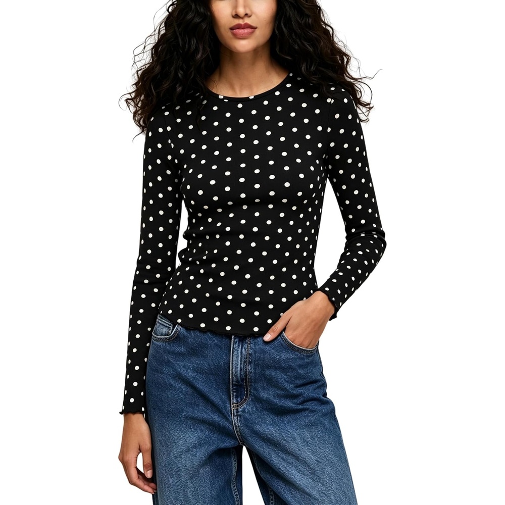 image:imageSpringrain Womens Polka Dot Long Sleeve T Shirt Crew Neck Knit TopBlack