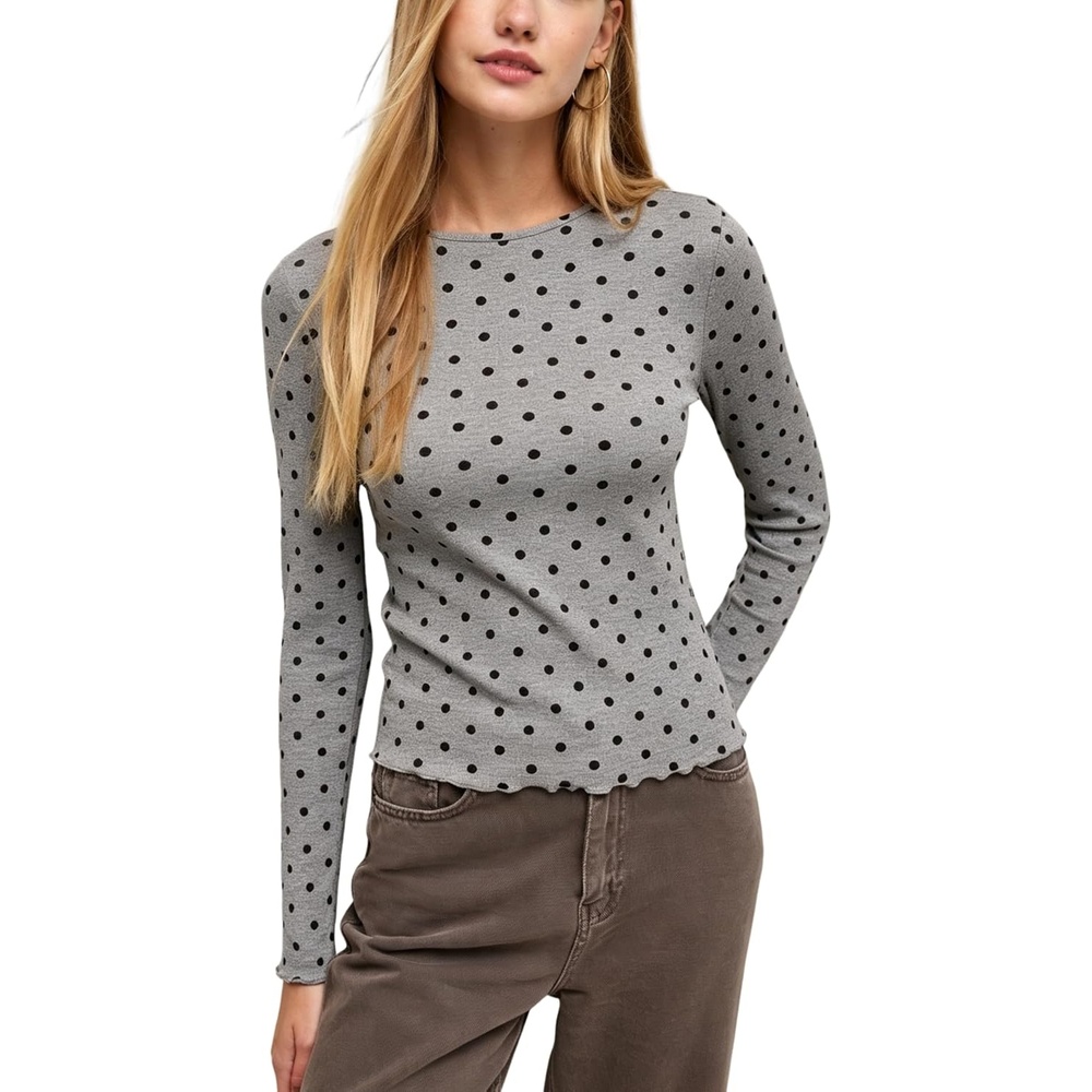 image:imageSpringrain Womens Polka Dot Long Sleeve T Shirt Crew Neck Knit TopGrey