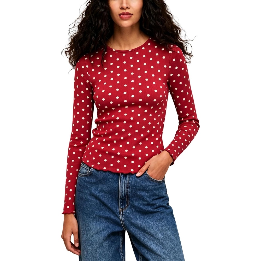 image:imageSpringrain Womens Polka Dot Long Sleeve T Shirt Crew Neck Knit TopRed