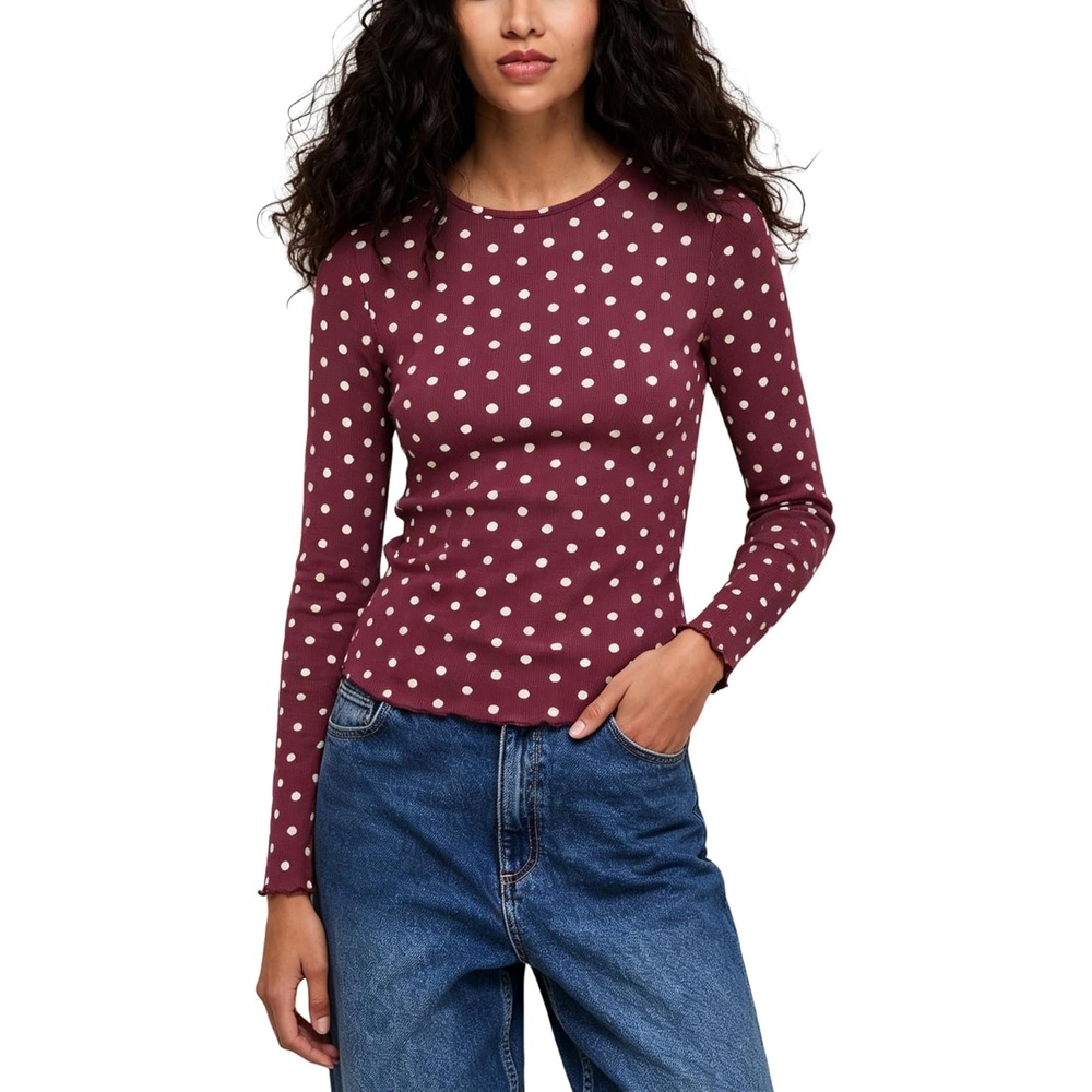 image:imageSpringrain Womens Polka Dot Long Sleeve T Shirt Crew Neck Knit TopWinered