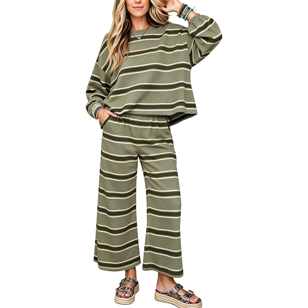 image:imageSpringrain Womens Striped 2 Piece Outfits Sweatshirt Wide Leg Pants SetArmygreen