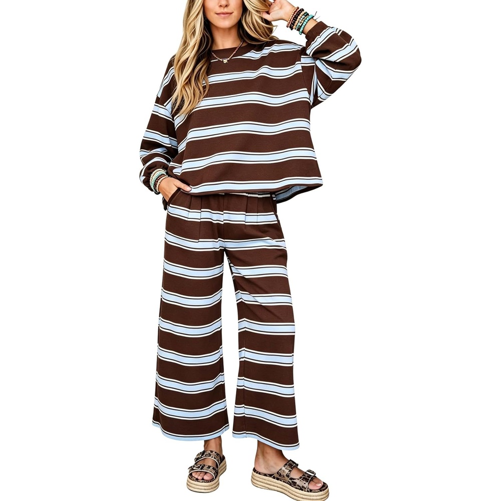 image:imageSpringrain Womens Striped 2 Piece Outfits Sweatshirt Wide Leg Pants SetCoffee
