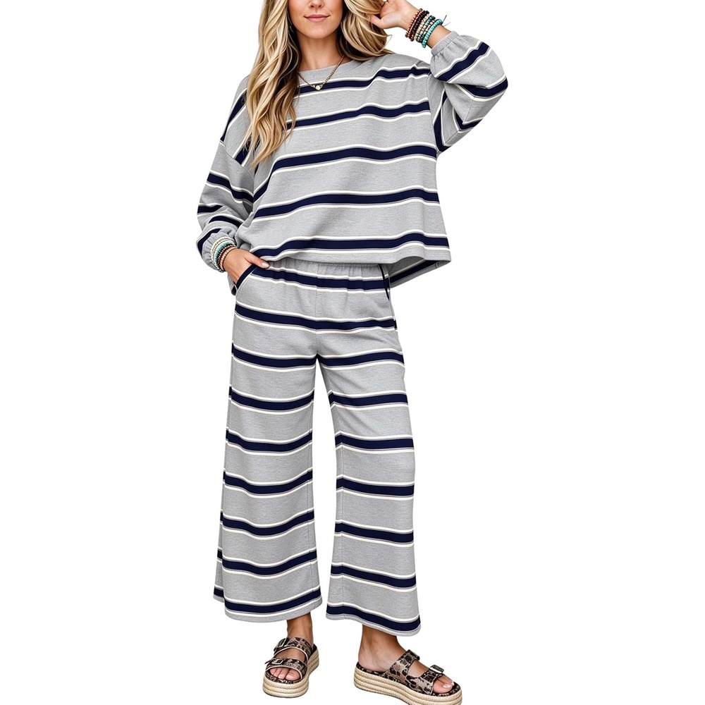 image:imageSpringrain Womens Striped 2 Piece Outfits Sweatshirt Wide Leg Pants SetGrey