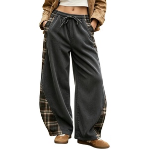 Springrain Women’s Corduroy Barrel Leg Plaid Patchwork Drawstring Pants(Darkgrey)