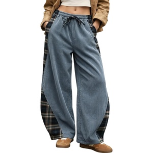 Springrain Women’s Corduroy Barrel Leg Plaid Patchwork Drawstring Pants(Dustyblue)