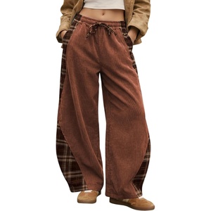 Springrain Women’s Corduroy Barrel Leg Plaid Patchwork Drawstring Pants(Rust)
