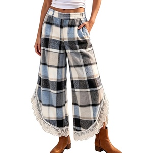 Springrain Women’s Flannel Plaid Wide Leg Pants Lace Trim Fall Trousers(Blue)