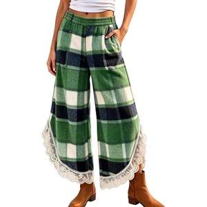Springrain Women’s Flannel Plaid Wide Leg Pants Lace Trim Fall Trousers(Green)