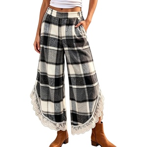 Springrain Women’s Flannel Plaid Wide Leg Pants Lace Trim Fall Trousers(Grey)