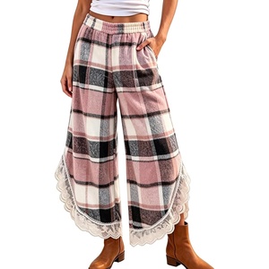 Springrain Women’s Flannel Plaid Wide Leg Pants Lace Trim Fall Trousers(Pink)