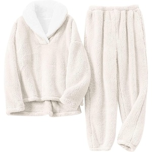 Springrain Womens Fluffy Pajamas Set Warm Fleece Pjs Sleepwear(Beige)
