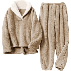 Springrain Womens Fluffy Pajamas Set Warm Fleece Pjs Sleepwear(Khaki)