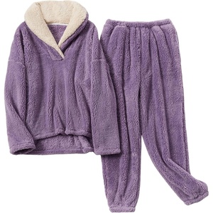 Springrain Womens Fluffy Pajamas Set Warm Fleece Pjs Sleepwear(Purple)