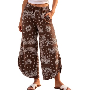 Springrain Womens Paisley Print Wide Leg Pants Loose Boho Palazzo Trousers(Coffee)