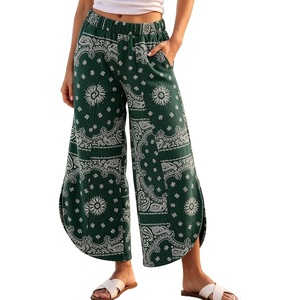 Springrain Womens Paisley Print Wide Leg Pants Loose Boho Palazzo Trousers(Darkgreen)