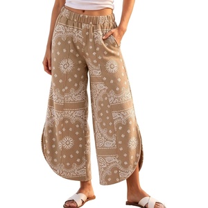 Springrain Womens Paisley Print Wide Leg Pants Loose Boho Palazzo Trousers(Khaki)
