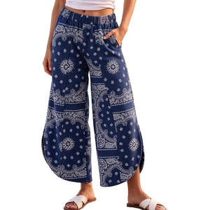 Springrain Womens Paisley Print Wide Leg Pants Loose Boho Palazzo Trousers(Navy)
