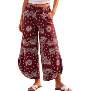 Springrain Womens Paisley Print Wide Leg Pants Loose Boho Palazzo Trousers(Winered)