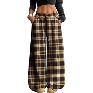Springrain Women’s Plaid Wide Leg Pants High Waist Fall Winter Trousers(Brown)