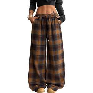 Springrain Women’s Plaid Wide Leg Pants High Waist Fall Winter Trousers(Camel)