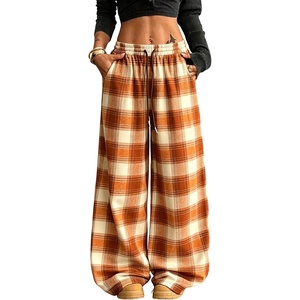 Springrain Women’s Plaid Wide Leg Pants High Waist Fall Winter Trousers(Orange)
