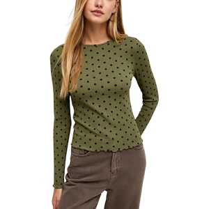 Springrain Womens Polka Dot Long Sleeve T Shirt Crew Neck Knit Top(Armygreen)