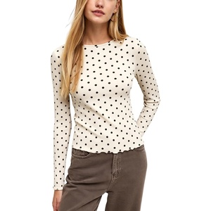 Springrain Womens Polka Dot Long Sleeve T Shirt Crew Neck Knit Top(Beige)