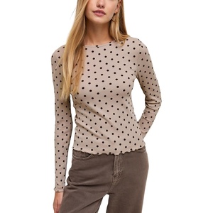 Springrain Womens Polka Dot Long Sleeve T Shirt Crew Neck Knit Top(Khaki)