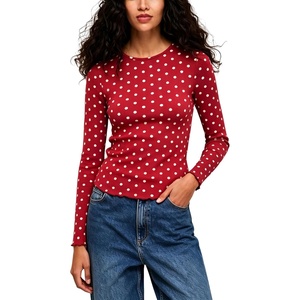 Springrain Womens Polka Dot Long Sleeve T Shirt Crew Neck Knit Top(Red)