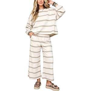 Springrain Womens Striped 2 Piece Outfits Sweatshirt Wide Leg Pants Set(Beige)
