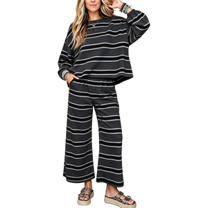 Springrain Womens Striped 2 Piece Outfits Sweatshirt Wide Leg Pants Set(Black)