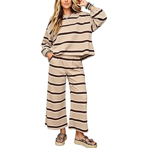 Springrain Womens Striped 2 Piece Outfits Sweatshirt Wide Leg Pants Set(Khaki)