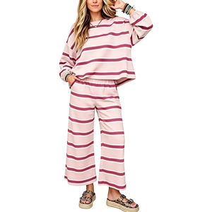 Springrain Womens Striped 2 Piece Outfits Sweatshirt Wide Leg Pants Set(Pink)