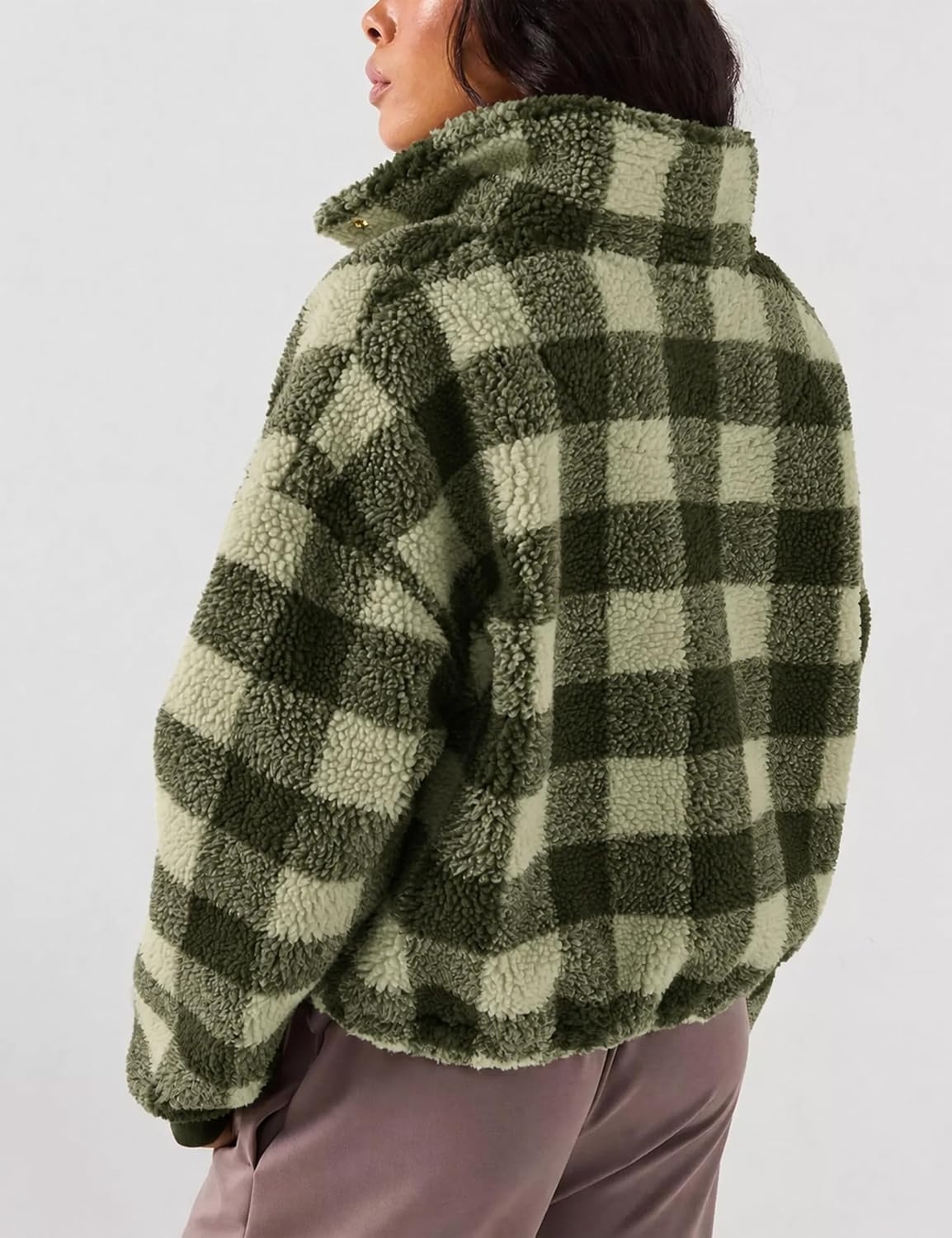 image:imageSpringrain Womens Plaid Sherpa Fleece Jacket Button Down Checkered CoatArmygreen