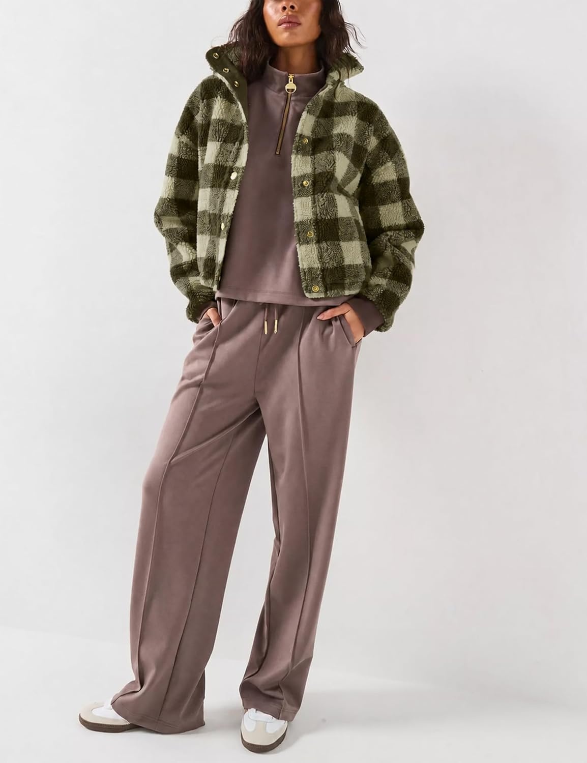 image:imageSpringrain Womens Plaid Sherpa Fleece Jacket Button Down Checkered CoatArmygreen