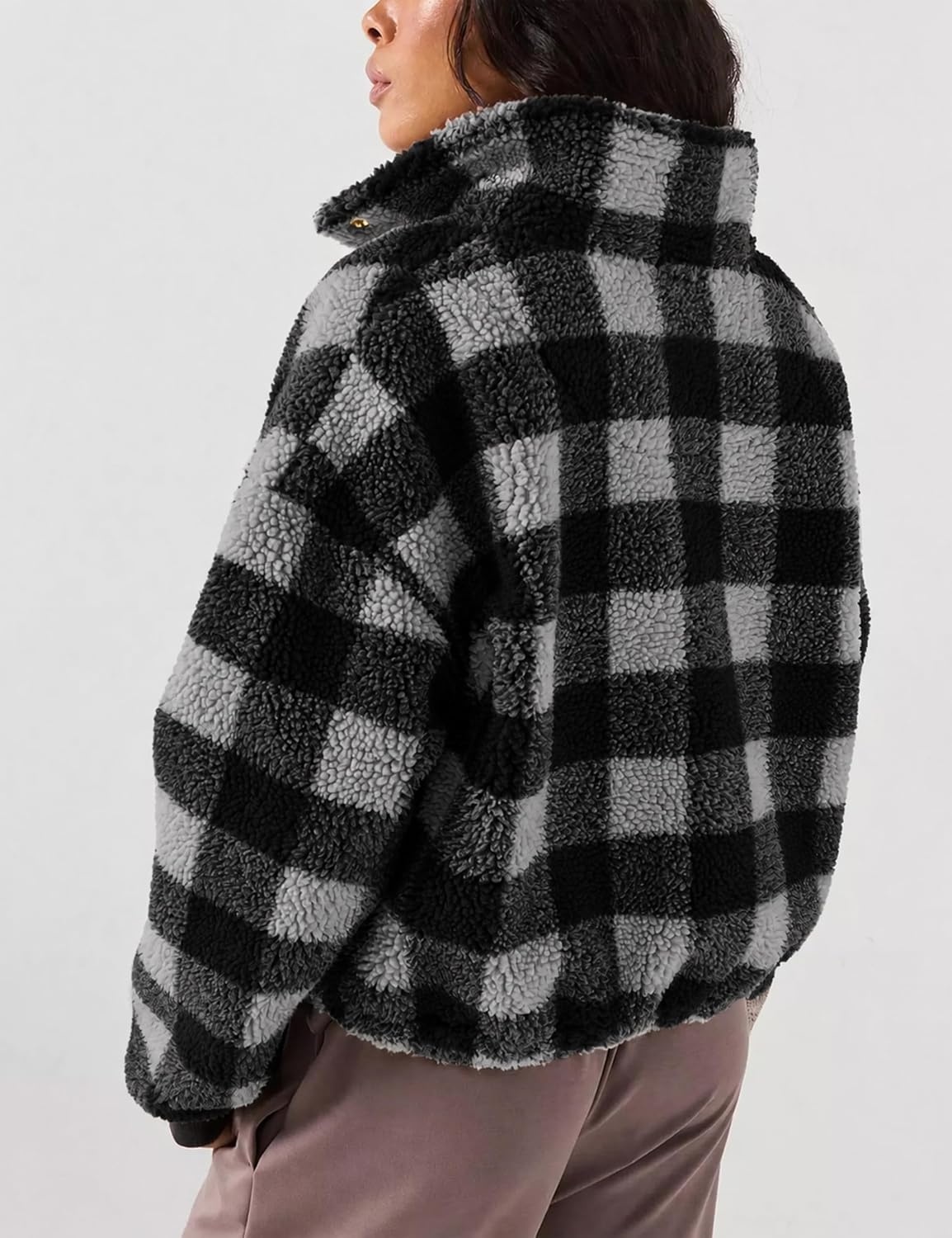 image:imageSpringrain Womens Plaid Sherpa Fleece Jacket Button Down Checkered CoatBlack